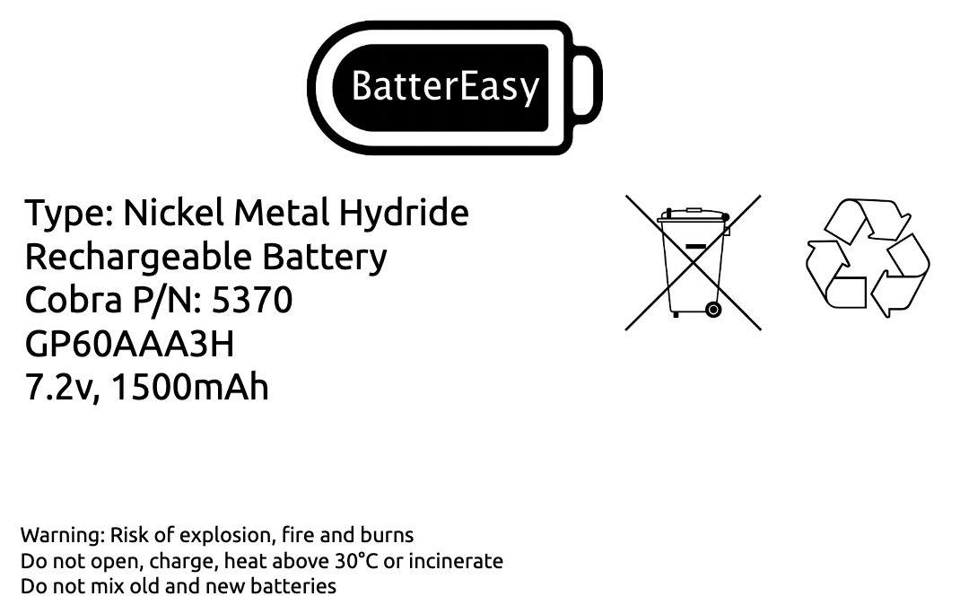 Cobra Car Alarm Sounder 7.2V 1500mAh Replacement Backup Battery Model 5370/6422